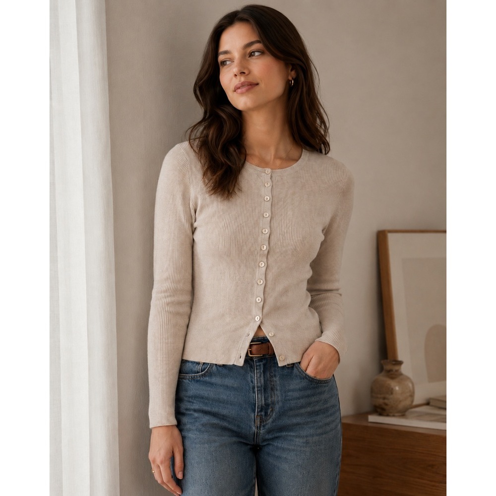 Quince Mongolian Cashmere Ribbed Cardigan Oatmeal Beige Size L Button Front